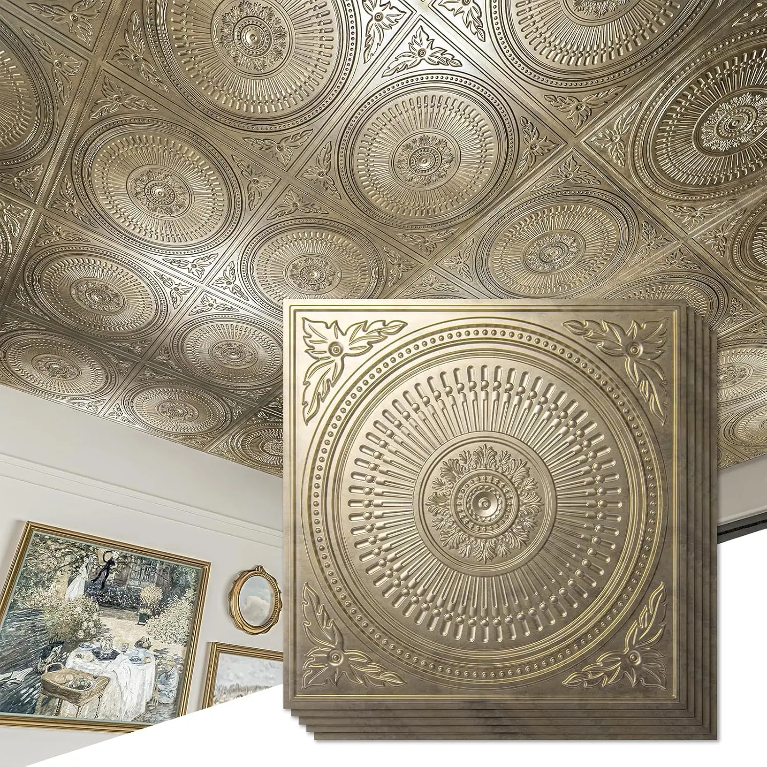 

12-Pack Drop Ceiling Tiles 2x2 FT, Decorative PVC Ceiling Panels for Kitchen Bathroom Basement, Easy Install, Antique Gold
