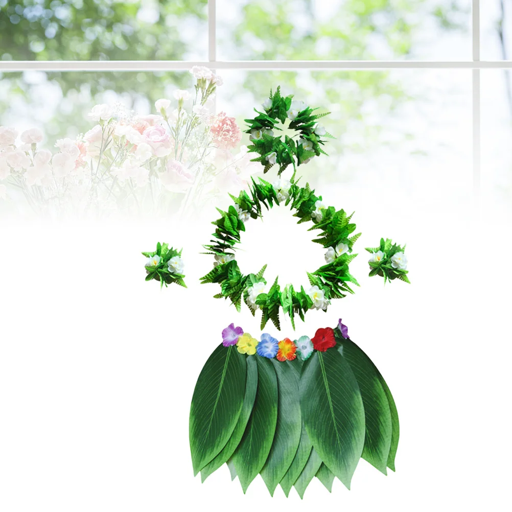 

5pcs Green Leaf Hula Skirt Set 30" Waist 15" Length Adjustable Fabric Silk Leaves Artificial Flowers Hawaii Outfit For Luau