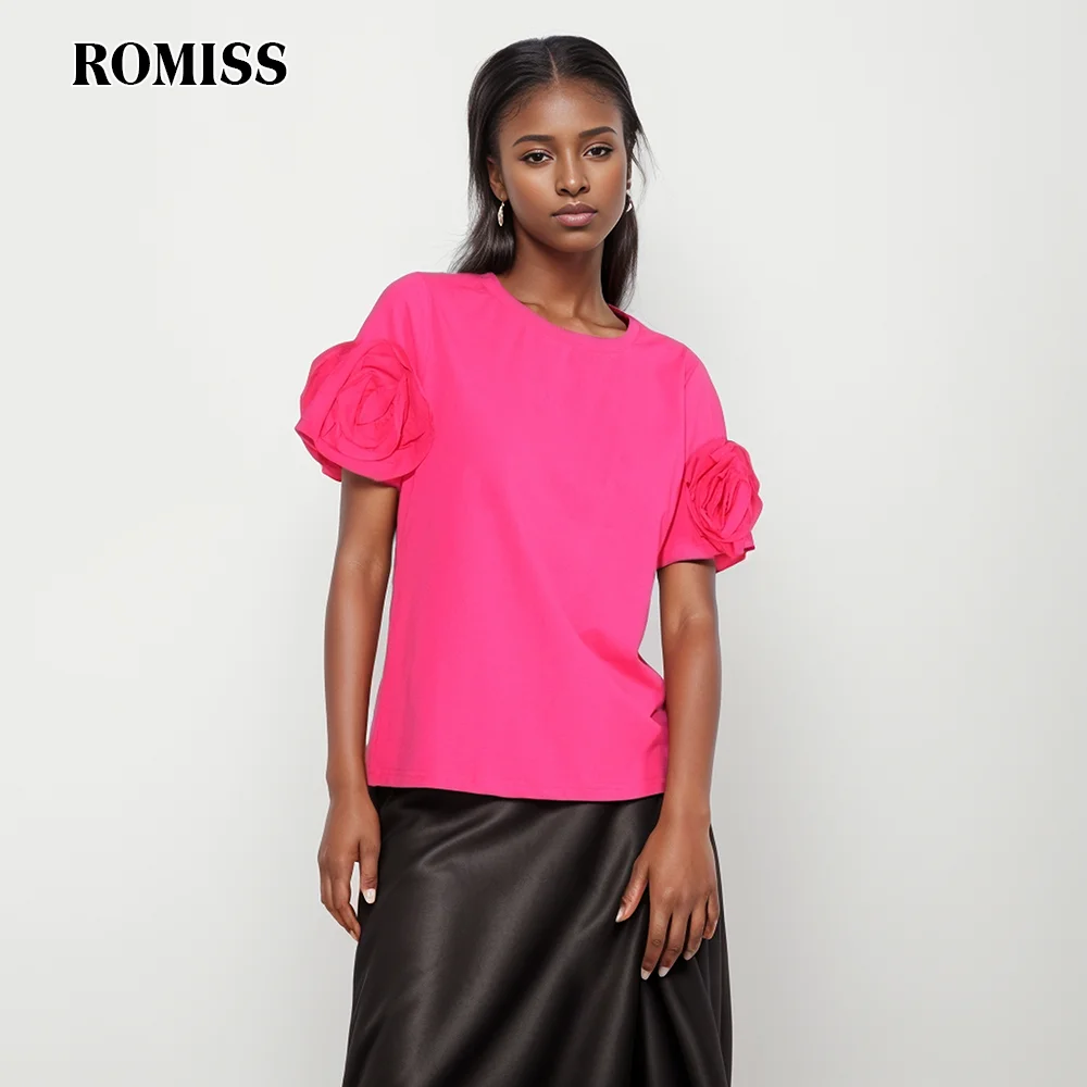 ROMISS Solid Temperament Patchwork Appliques Pullover T Shirts For Women Round Collar Short Sleeve Slimming Tops Female