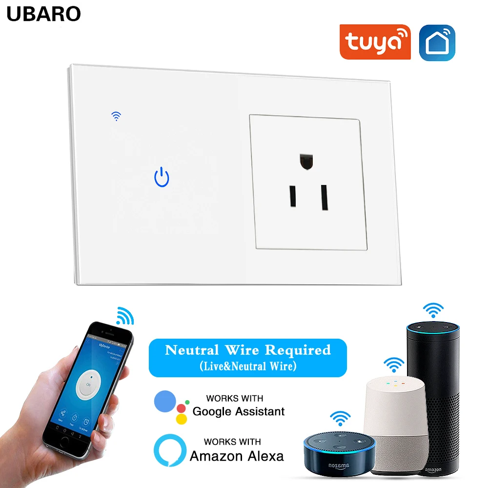 

Американский умный дом Tuya Wi-Fi-переключатель с розеткой, стеклянная панель, сенсорная кнопка Inteligente, работает с голосовым управлением Google Home Alexa