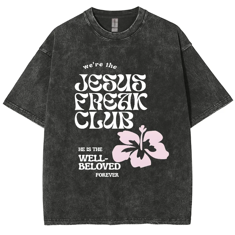 Jesus Freak Club Y2K Washed Short Sleeve TShirt, Cartoon Creative Printed Unisex Vintage Streetwear New Fashion Casual Plus Size