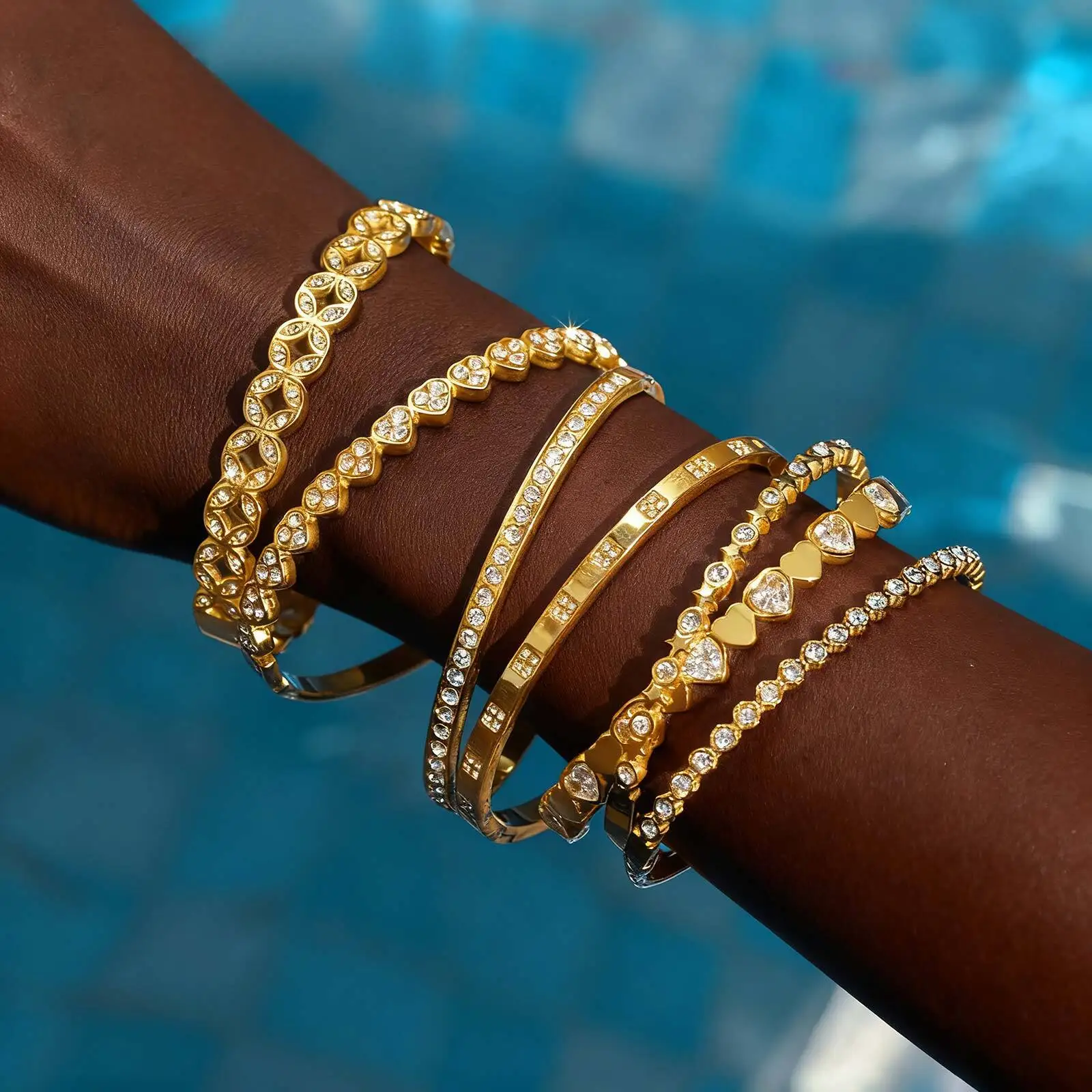 

Luxury Cubic Zirconia Layered Bangle, Stackable Bracelet Women,,18k Gold Plated Stainless Steel, Hypoallergenic Non Tarnish