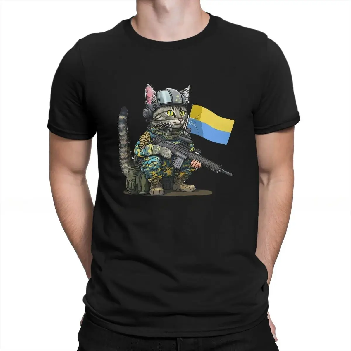 Novelty cat Ukrainian flag in war print pattern retro street wear casual summer all-purpose T-shirts for men and women