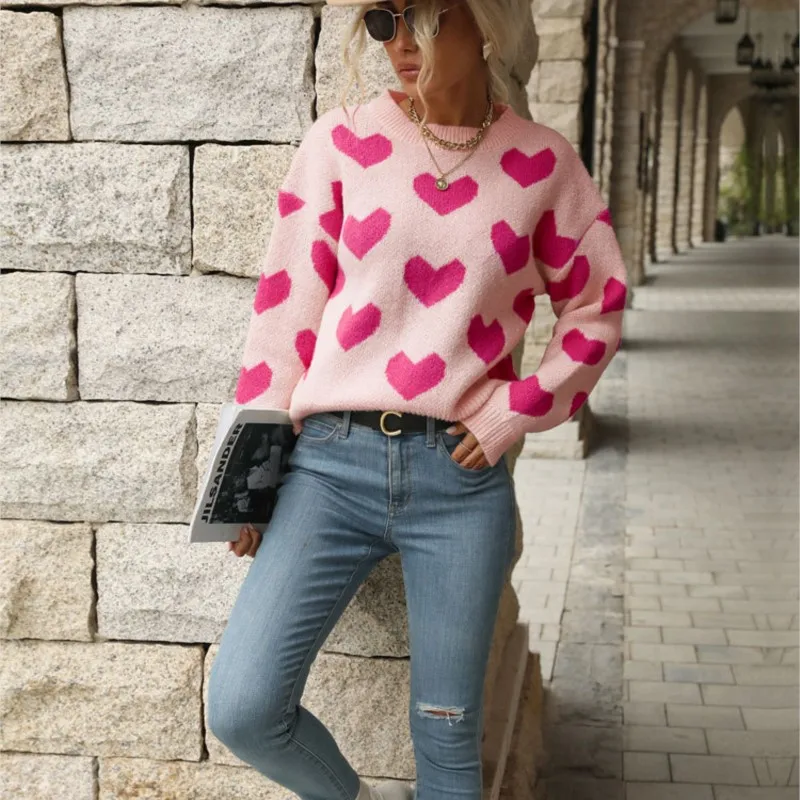 Sweet And Caring Women\'s Long Sleeved Sweater 2024 Valentine\'s Day Casual Pink Sweater Round Neck Autumn New Item Ladies Sweater