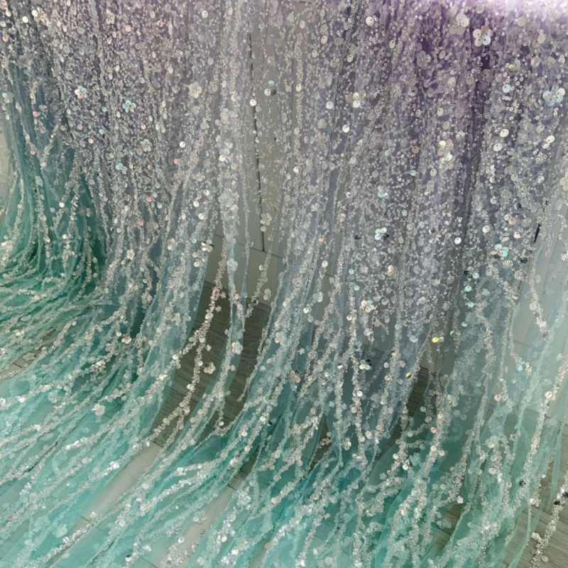 Water Blue Purple Gradient Heavy Beaded Sequined Fabric for Wedding Dress Costume Dance Fabric