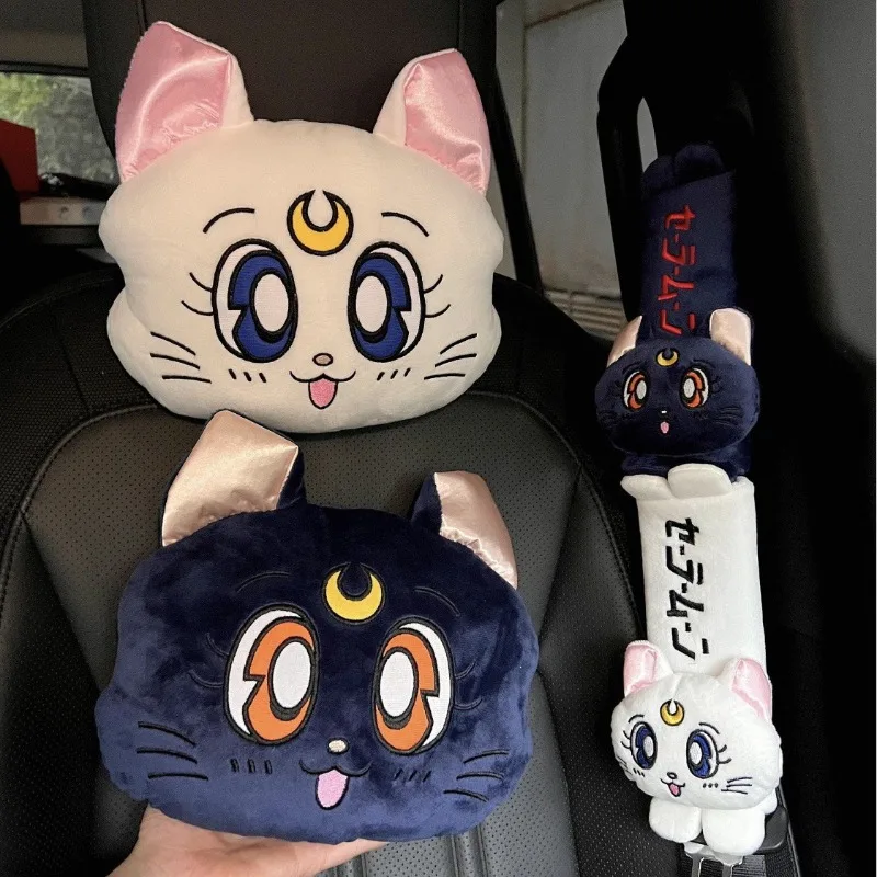 Neues Sailor Moon Luna Katzen-Autokopfstützen-Nackenkissen & Sicherheitsgurtbezug, Ganzjahres-Autoinnendekoration, Alltagsbedarf