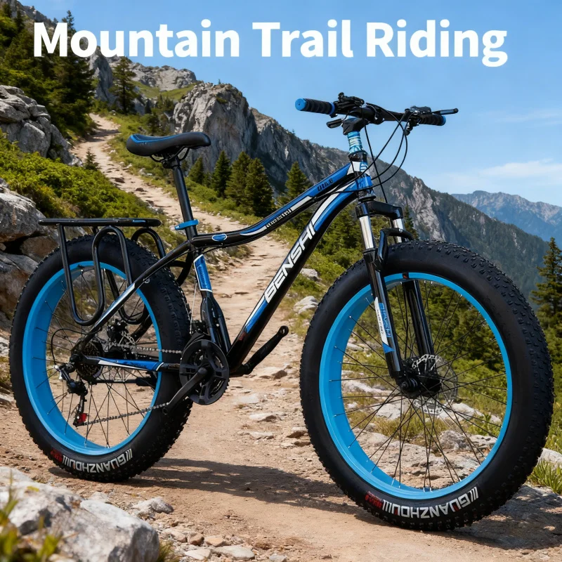 Schwarz und Blau, großes Reifenfahrrad, Erwachsene, Herren, variable Geschwindigkeit, dick, breit, Schnee, Mountainbike, Offroad, Fatbike, Strand, Stoßdämpfung