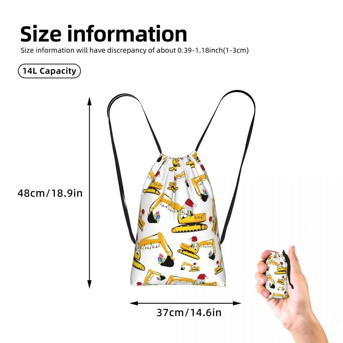 Christmas Excavator Construction Truck Drawstring Backpack hiking cycling Bag Lightweight Storage Drawstring Bag for Men Women