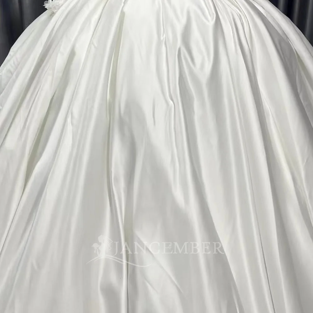 Generous Women's Wedding Dresses Satin Appliques Floor-Length Bride Gowns Long Sleeve Satin O Neck Customized Vestido De Noivas