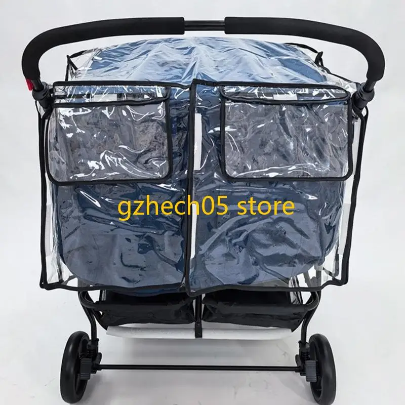 

D55E Twin Baby Strollers Raincoat Clear Protections Sleeve Case with Pocket for Side by Side Umbrella Pushchairs Cart