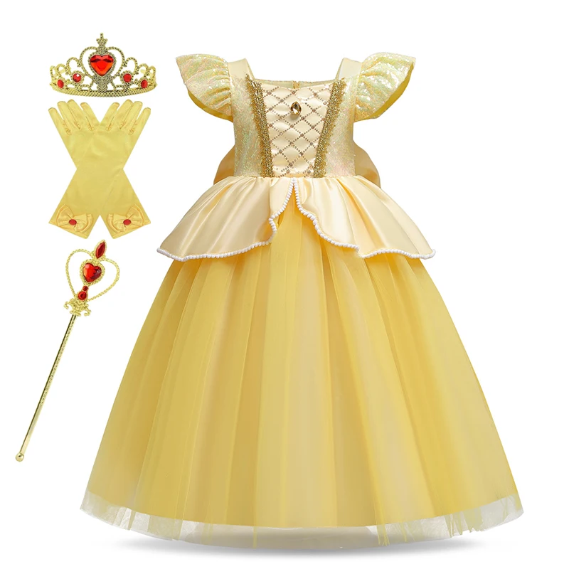 Disney Rapunzel Belle Dress Kids Girl Disguise Carnival Princess Costume Birthday Party Outfit Yellow Clothes Purple Vestidos view 6