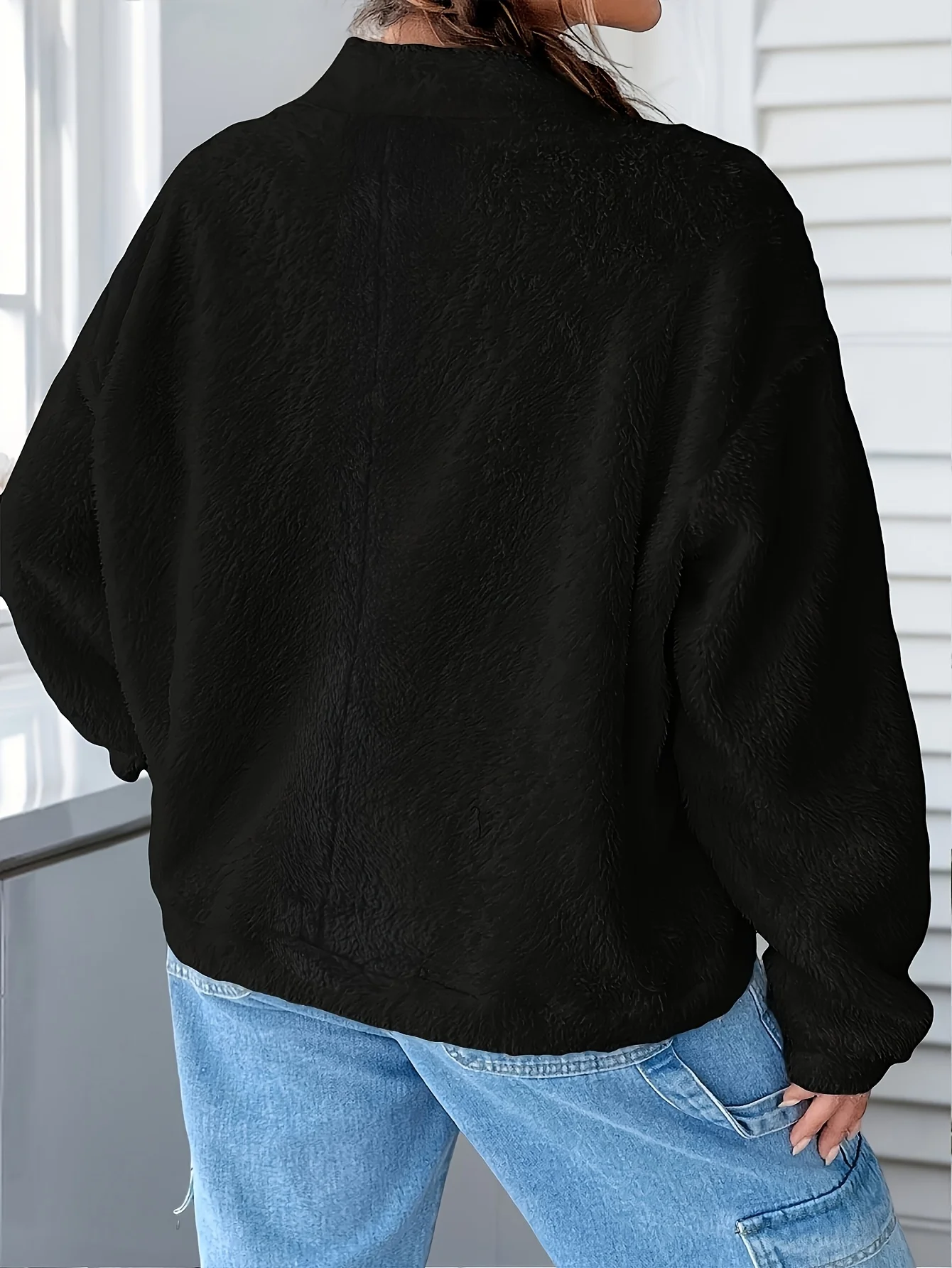 Women's Black Fuzzy Turtleneck Sweatshirt "So What" Graphic Long Sleeve Casual Oversized Pullover Top