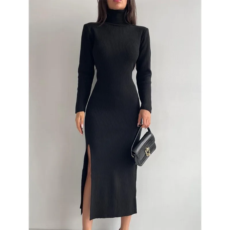 Women's Fashion Turtleneck Long Sleeved Split Knit Dress Autumn & Winter New Woman Sexy Stripe Skinny Wrap Hip Sweater Dresses