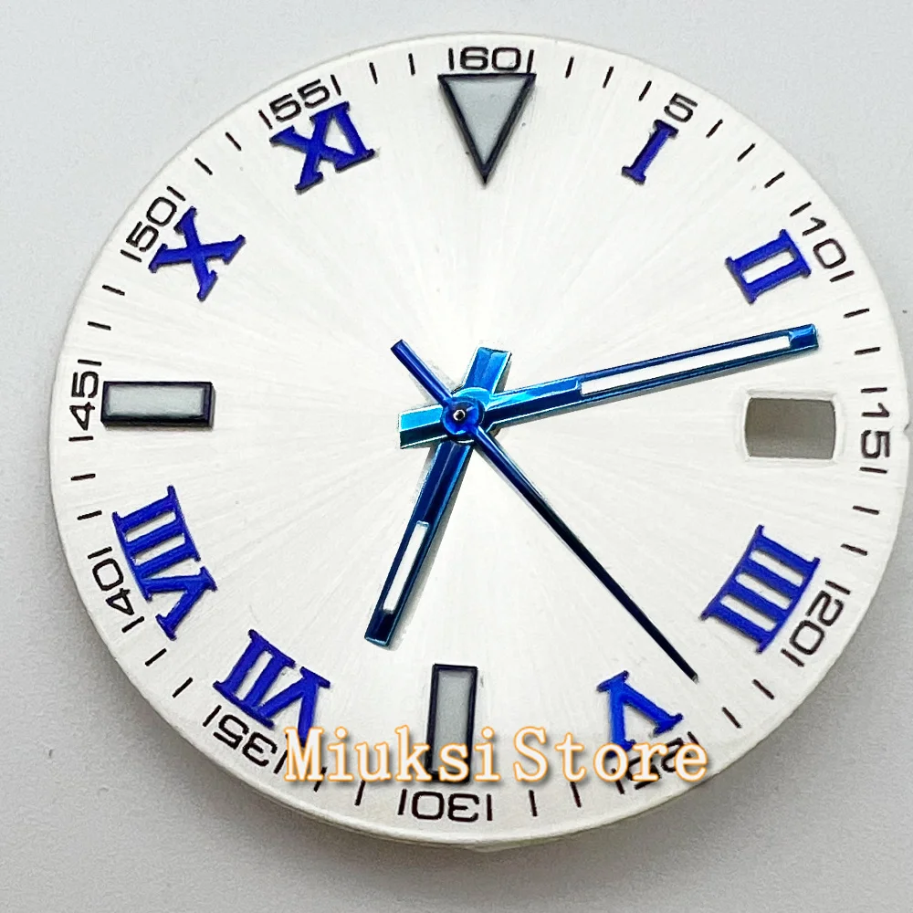 

29mm White Watch Dial Blue Hands Fit NH35 NH36 Miyota8215 821A DG2813 ST1612 ETA2824 2836 PT5000 ST2130 Roman Numerals face