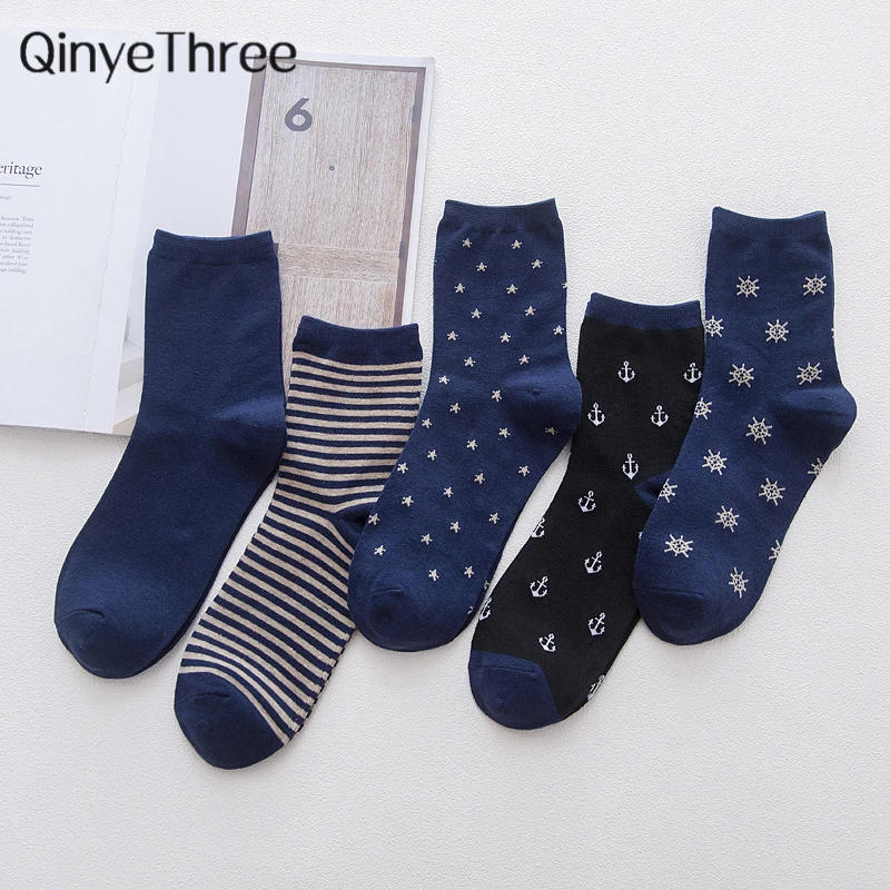 Men\'s Navy Blue Pirate Star Anchor Rudder Striped Cotton Socks Business Casual Sport Sokken Dropship