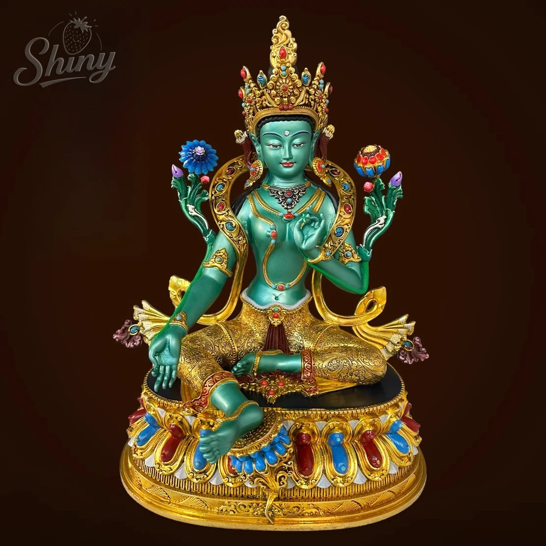 

8.2" Copper Gilding Inlay Green Tara Statue Nepal Hand-carved Tibetan Buddhist Sculptures