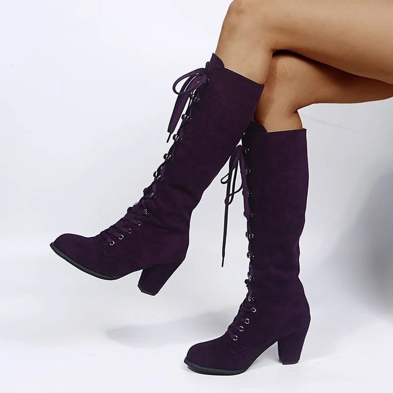 

High Quality Woman Suede Knee High Boots Woman Long Boots Lace Up Fashion Woman Boots Footwear 35-43 Square Heel Womens Shoes