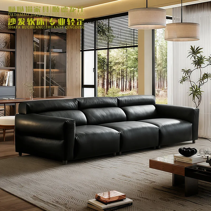 Italian Black Cow Leather Sofa Small Apartment Living Room Straight Row Three Or Four People Minimalist Antique First Layer Cowh