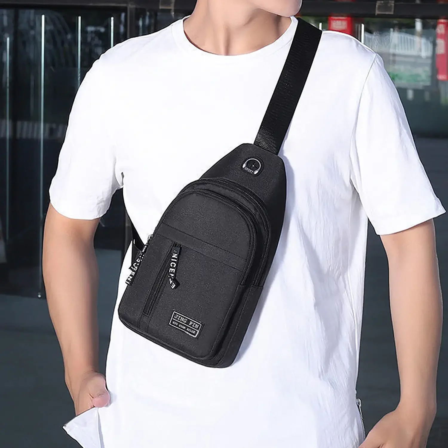 Bolso de pecho de tela Oxford para hombre con conector de auriculares, mochila de hombro multifuncional para deportes al aire libre, bolsos cruzados diarios de ocio