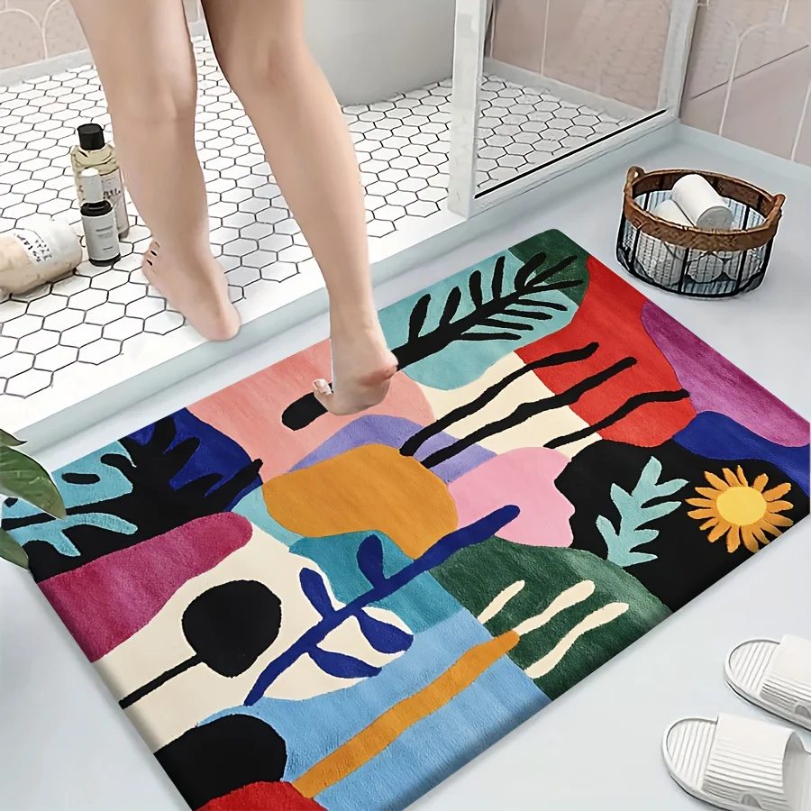 Abstract Botanical Printed Flannel Bath Mat With Colorful Shapes And Nature Motifs Soft Non Slip Rug For Bathroom Or Home Decor