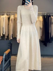 Autumn New 100% Wool Knitted Dress Women U-Collar Over Knee Hip Long Skirt Fashion Slim Sweater Loose High-Waisted A-line Skirts