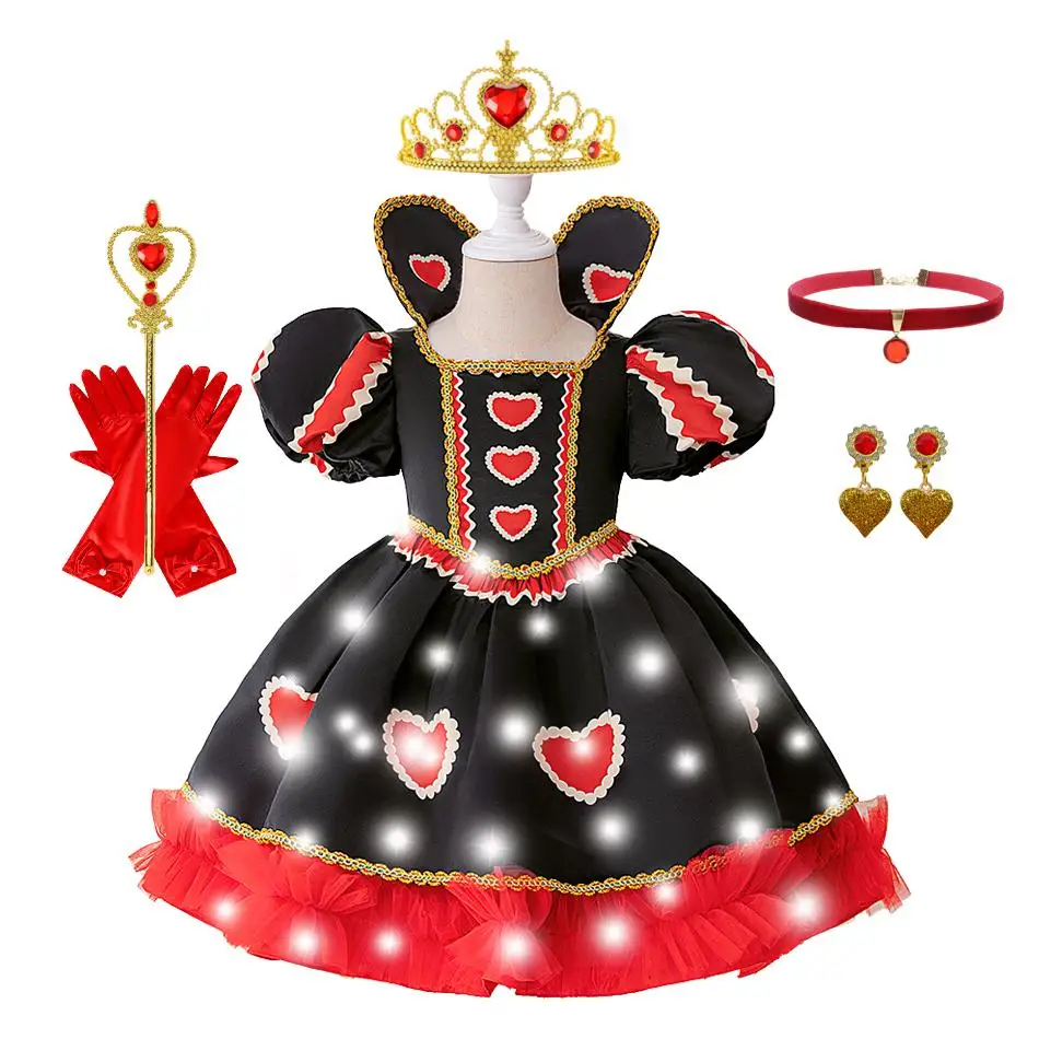 

Queen of Hearts Costume for Girls LED Red Heart Tutu Dress Kids Black Red Heart Print Gown Halloween Cosplay Outfit Carnival Set