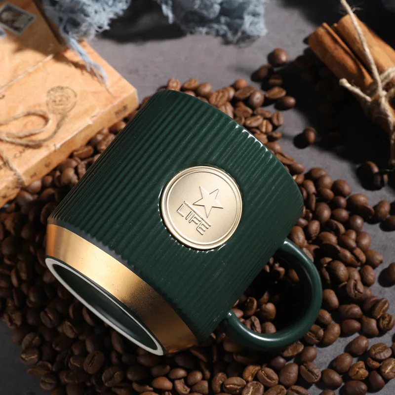 Coffee Cup Dark Green Vertical Grain Copper Seal Mug Goddess Ceramic Cup Gift Cup Can Be Printed Logo