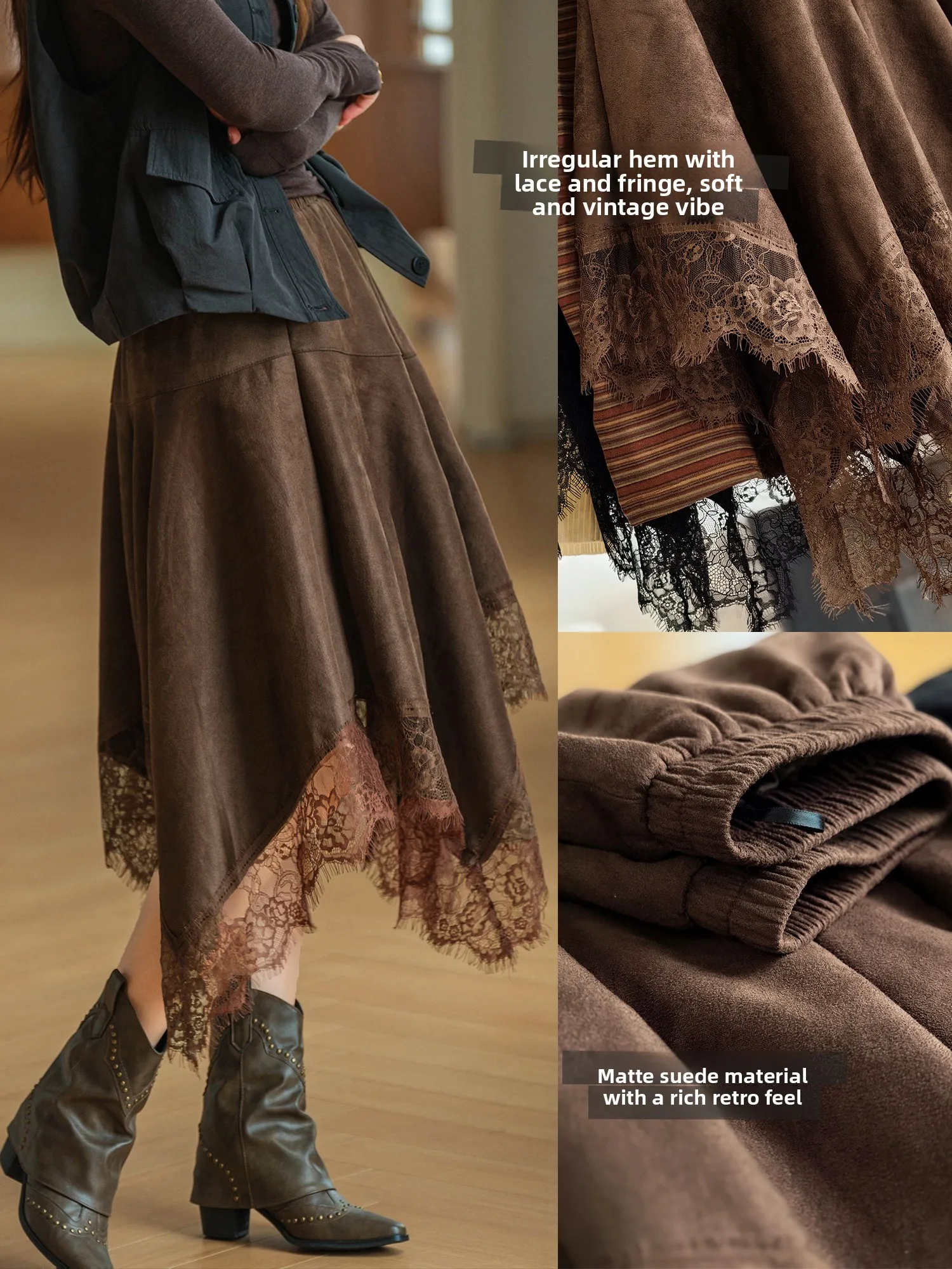 Matte Suede Half Skirt with Lace Splicing Elastic Waist Inner  Irregular Hemline Casual Style Women's Skirt