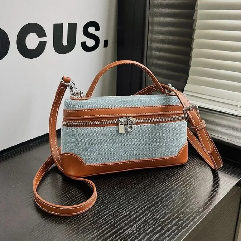 Denim Color Blocked Hand-held Small Square Bag for Women 2024 New Amazon Trend Explosive Single Shoulder Crossbody Bag