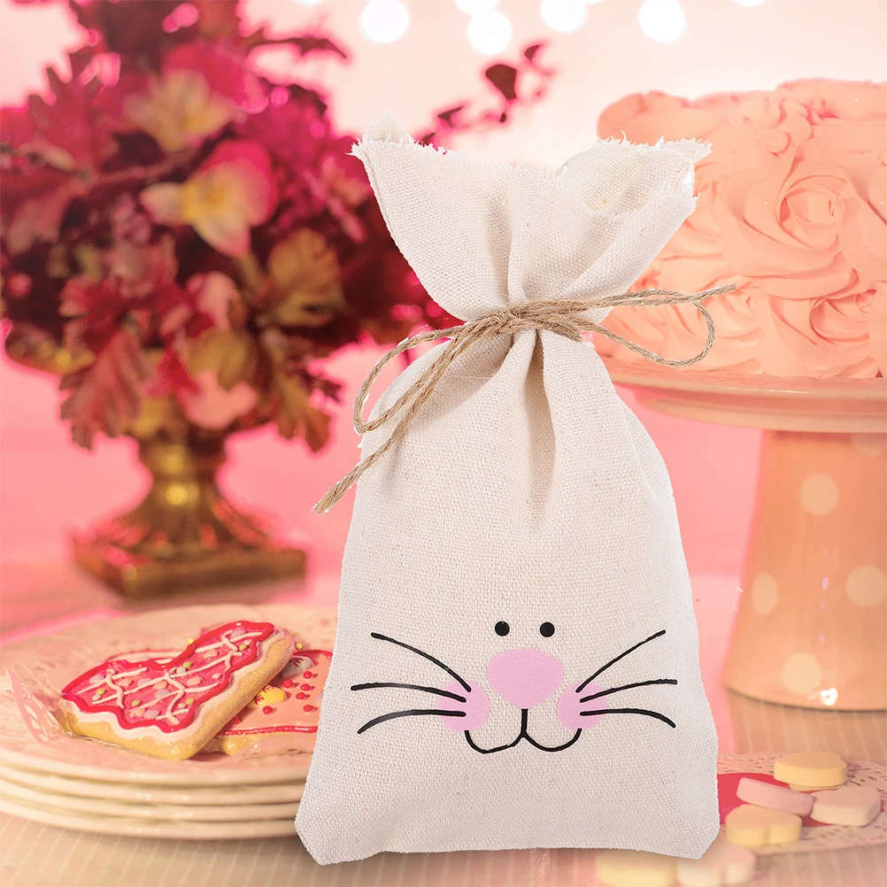 

5Pcs Easter Bunny Ears Burlap Drawstring Bags Reusable Candy Treat Bags for Easter Egg Hunt Party Favors Bunny Ears Storage Bag