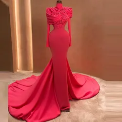 Hot Pink Mermaid Evening Dresses With Handmade Flowers High Neck Long Sleeves Prom Dress Long Train Women Birthday Party Gowns