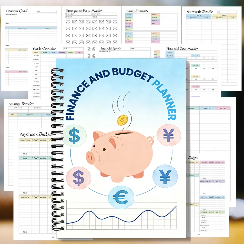 1 carnet à spirale, carnet à spirale sur le thème de la finance et du budget avec tirelire multi-devises