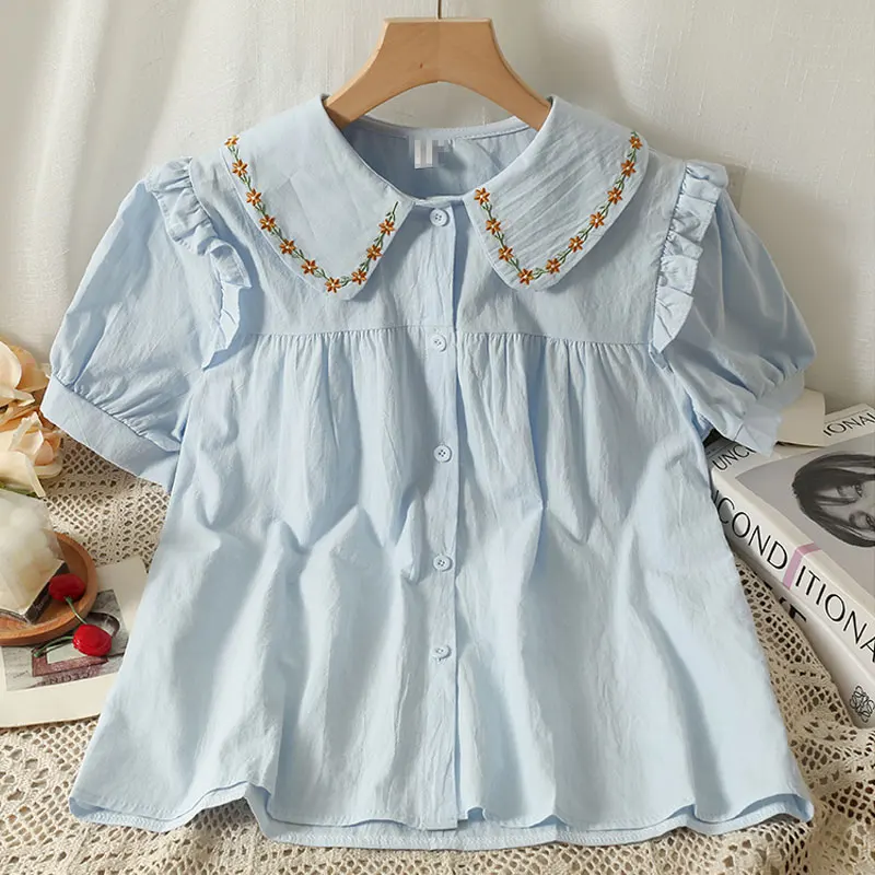 

Summer 2023 Fre Embroidered Doll Collar ort Sve Women's irt Japanese Sle Wood ain Sweet Anti-Aging Top