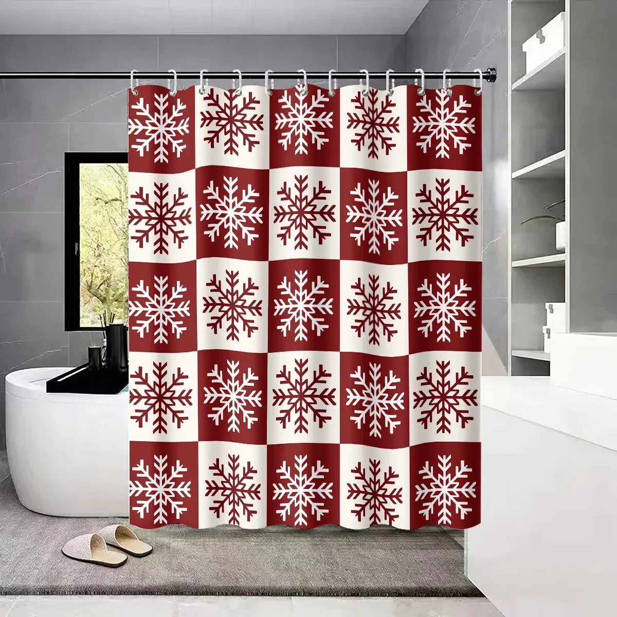 1pc Christmas red snowflake print waterproof shower partition privacy hanging curtain 12 hooks multi size decoration