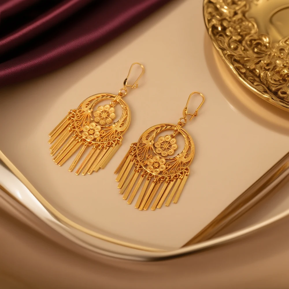 أقراط متدلية مطلية بالذهب للنساء مجوهرات الزفاف العربية في الشرق الأوسط #4