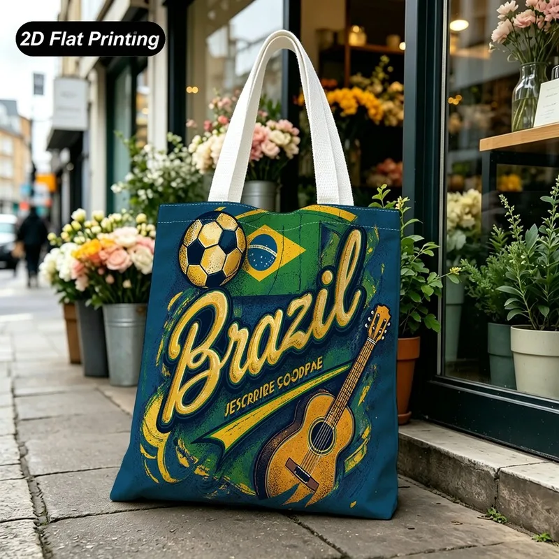 1PC【Tote Bag】2DFlat effect，bag features a vintage Brazilian-themed print，、Guitar、National，Large