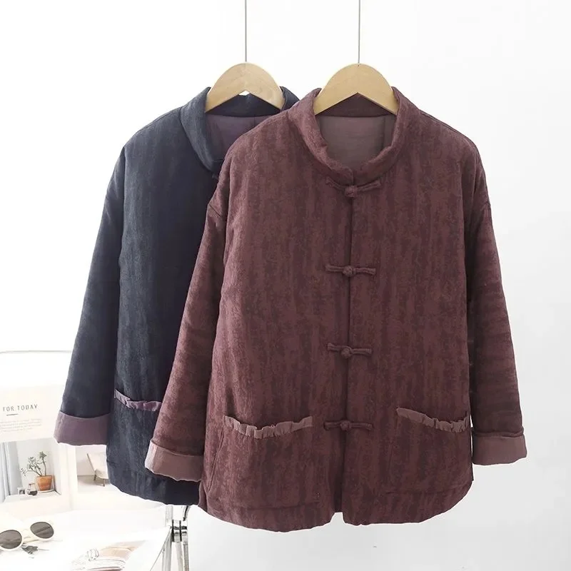 Women's Thick Warm Quilted Jacket – Vintage Cotton Winter Coat, Plus Size Retro Buttoned Outerwear for Cold Weather J088