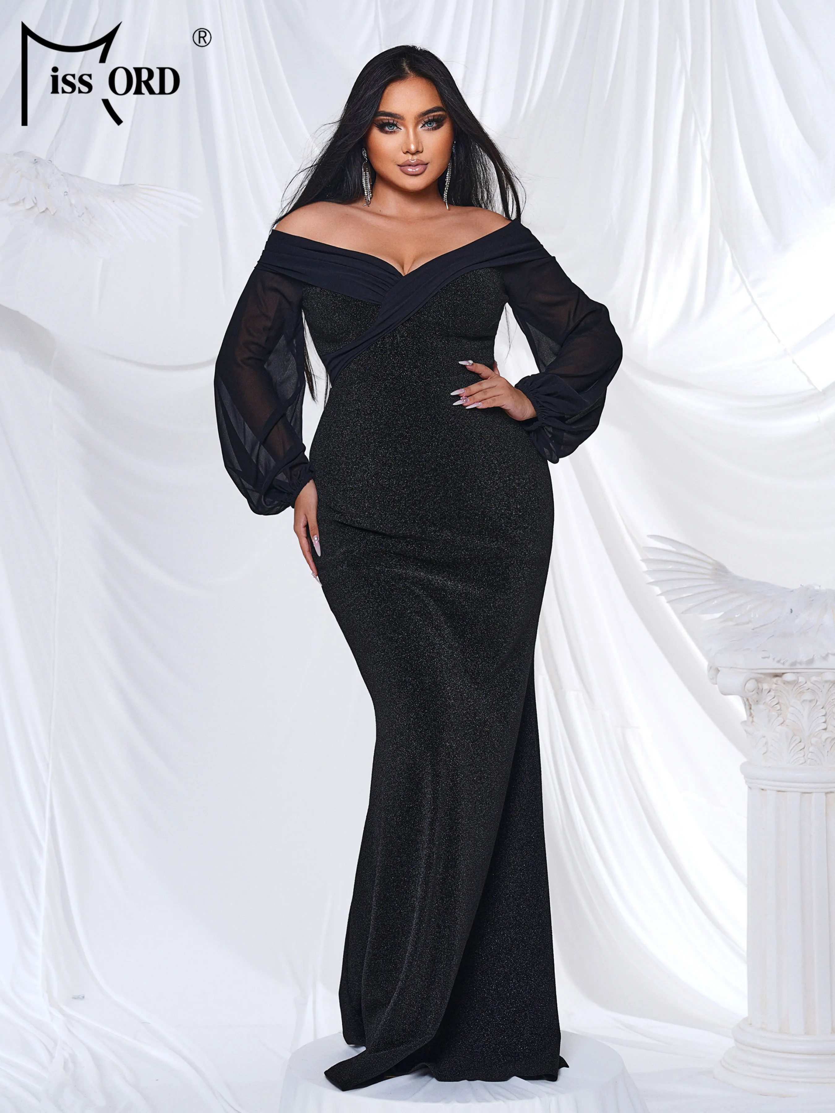 

Missord Plus Size Chic Elegant Black Lantern Sleeves Mermaid Evening Wedding Birthday Party Formal Occasion Floor Length Dresses