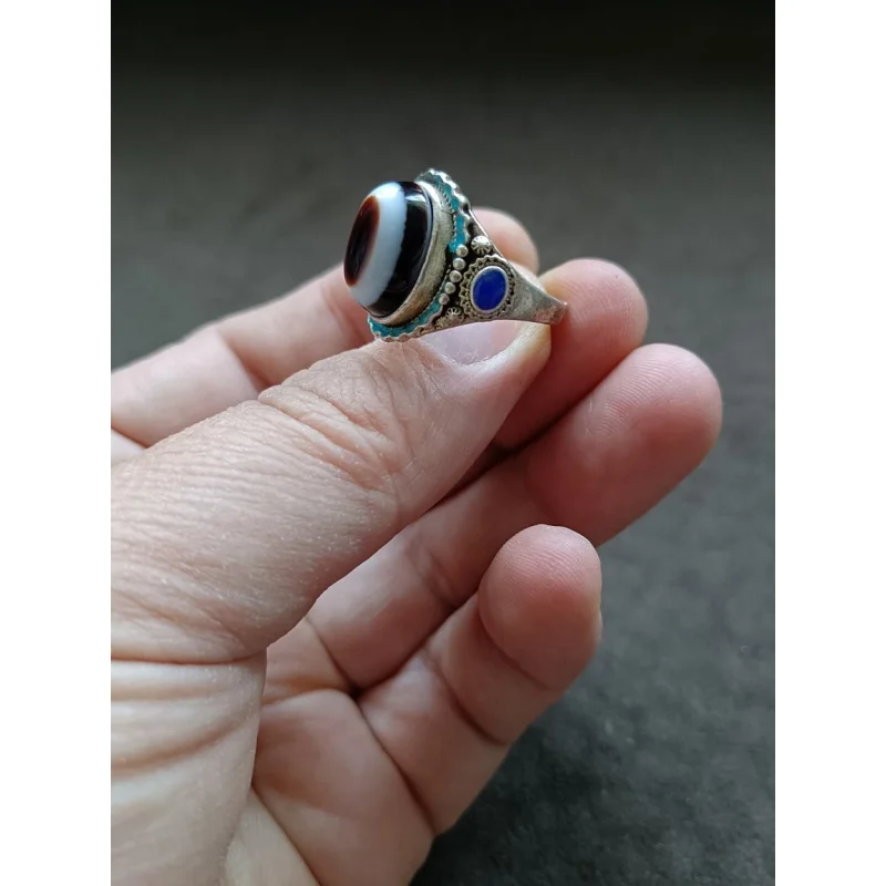 Antique Collection Tibetan Area Backflow Old Wrapped Pulp Old Silver Inlaid Tibet Beads Ring Rings Tibet Beads Ring Open Mouth W