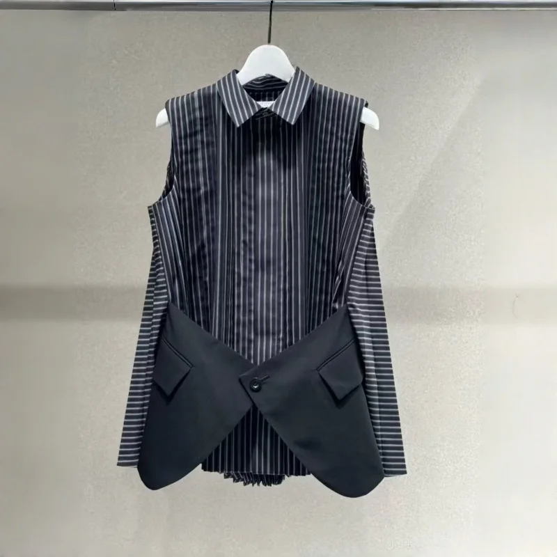 

Summer 2026 FOG SACAI Japanese Style Gingham Stripe Shirt Collar Sleeveless Vest Women's Top Commute Style OL Fashion