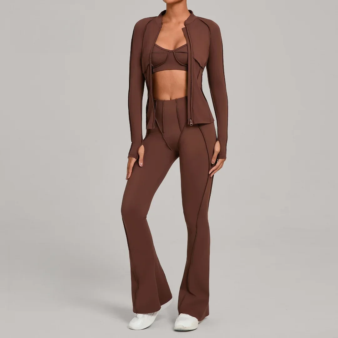 

Женский комплект для йоги на молнии для фитнеса с высокой талией, плотная матовая повседневная спортивная куртка для бега, брюки, костюм, тренировочная одежда, комплект из 3 предметов для спортзала