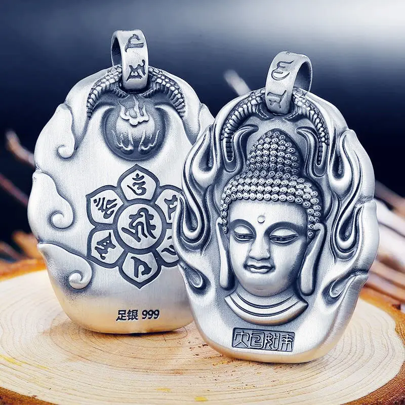 Silver Necklace with Zodiac Guardian Buddha Pendant Men and Women, Patron Deity Amulet