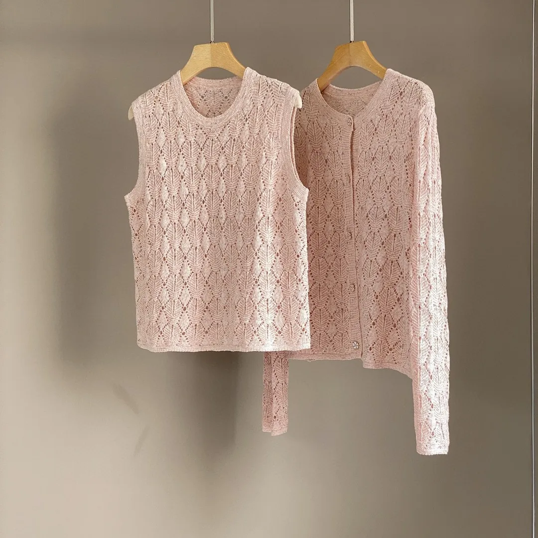 2025 Primavera y novedad de verano, chaqueta cárdigan de punto a la moda de lino de seda, chaleco informal versátil, traje para mujer