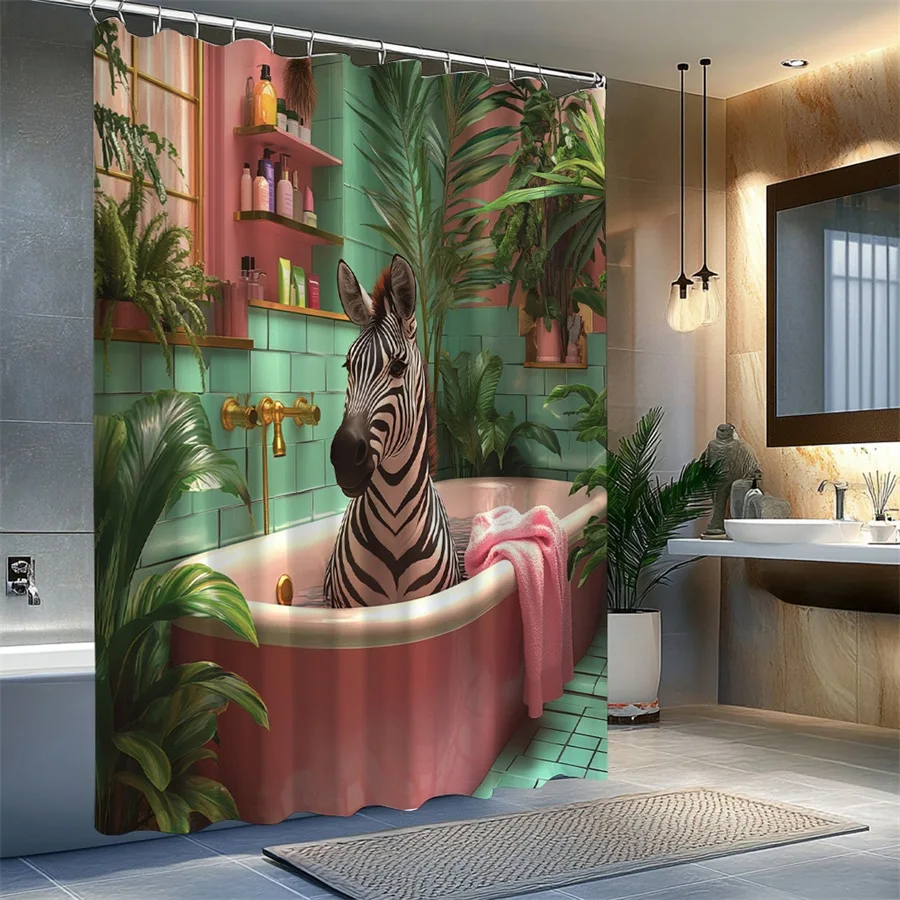 1pc Zebra in Vintage Bathtub Shower Curtain, Photorealistic Zebra in Pink Bathtub with Tropical Plants, Soft Pink and Mint Green