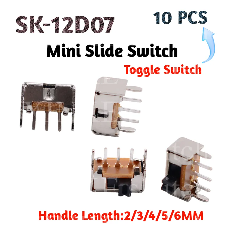 

10 шт. 250 В переменного тока, 1 А, 2 положения, 3 контакта SPDT, мини-переключатель для крепления на печатной плате, прямоугольный ползунковый переключатель SK-12D07 1P2T