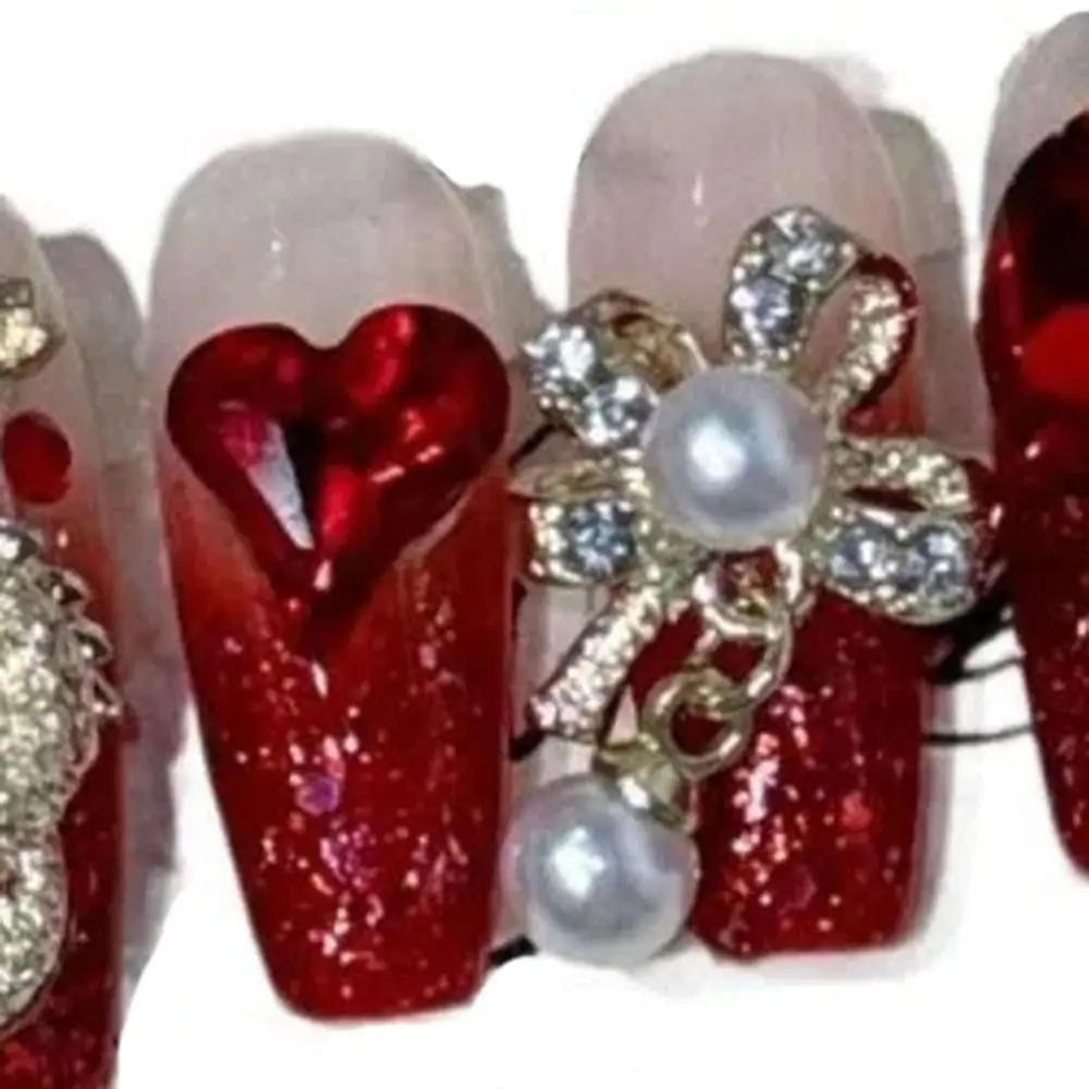 Guias de cola para unhas, remendos de unhas falsas de luxo, amor, coração, pérola 3d, unhas falsas destacáveis, adesivos de unhas vermelhos festivos