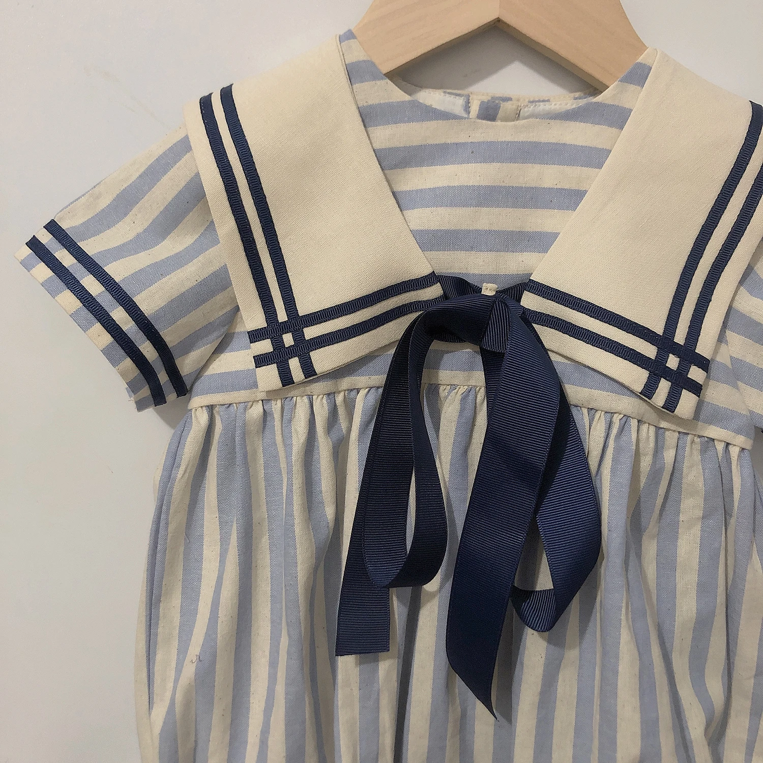 Children Boutique Clothing Baby Boys Girls Blue Striped Navy Tie Bubble Romper Vintage Cotton Siblings Outfit Birthday Dress