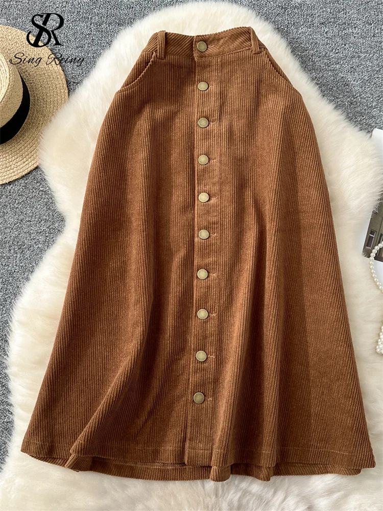 SINGREINY Winter Senior Corduroy Skirt High Waist Single Breasted Pockets Design Solid Basics Elegant A Line Slim OL Skirt