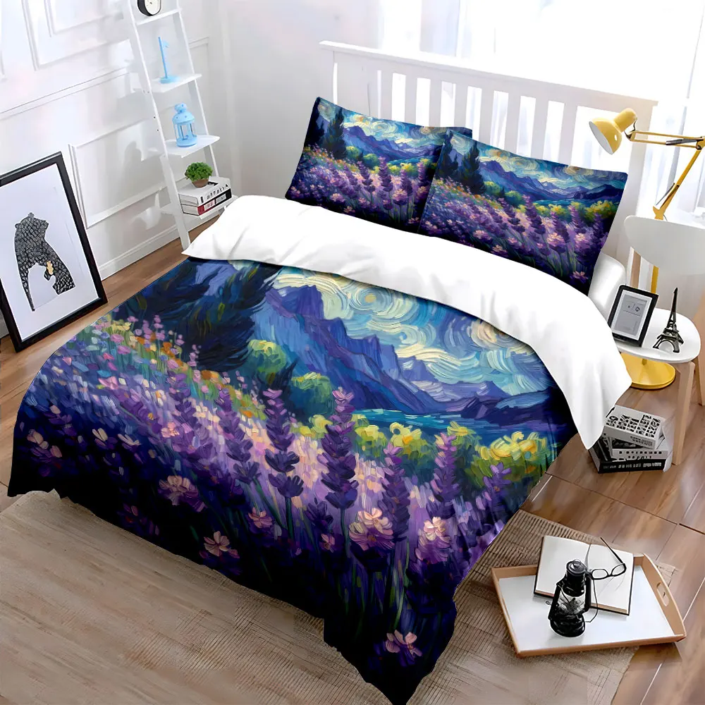Lavender Mountain Scenery Set Bedding Set with 1 Duvet Cover 2 Pillowcases Single Double King Queen, Gift