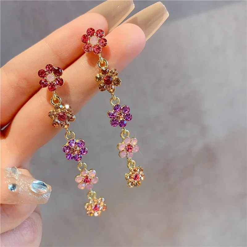 New Colorful Flower Rhinestone Long Earrings for Women Personality Fashion Summer Accessories Girly Party Jewelry Birthday Gift